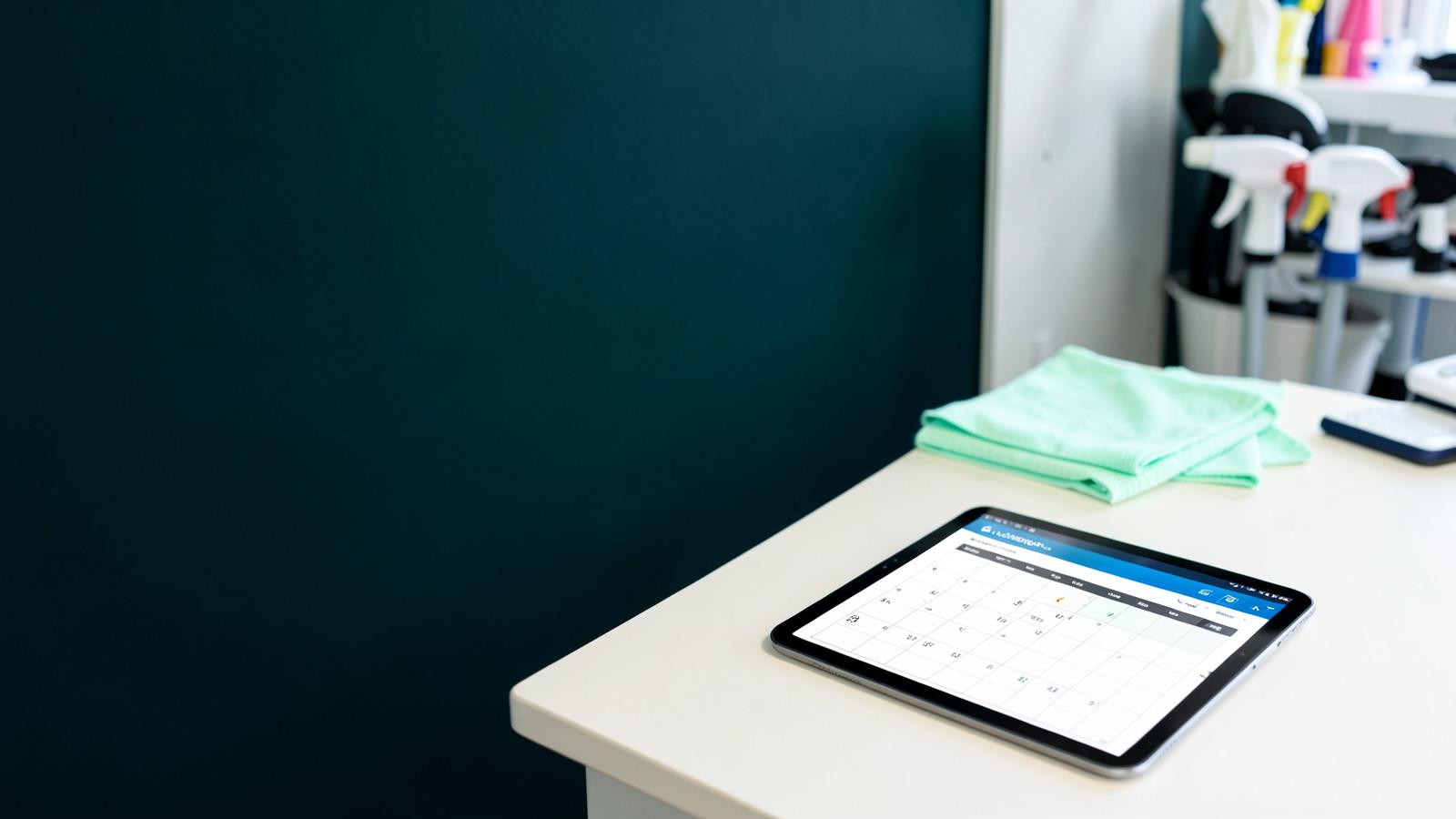 An organized cleaning business workspace with a scheduling tablet